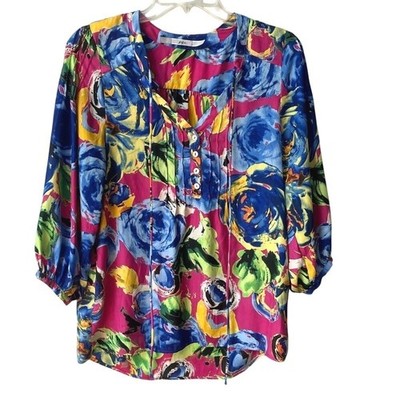 Gibson Floral Three Quarter Sleeve Blouse Small Colorful Relaxed Fit Cottagecore