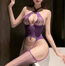 Women Body Stockings Fishnet  Open crotch Halter cross Purple   Underwear 31221