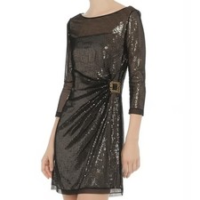 TAHARI Mini Dress 6 Black Sequined Draped 3/4 Sleeve Glamorous Sparkly Elegant