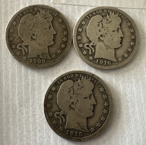 Barber Silver Quarter Lot, 1909 , 1916 D And 1915 90 Percent Silver