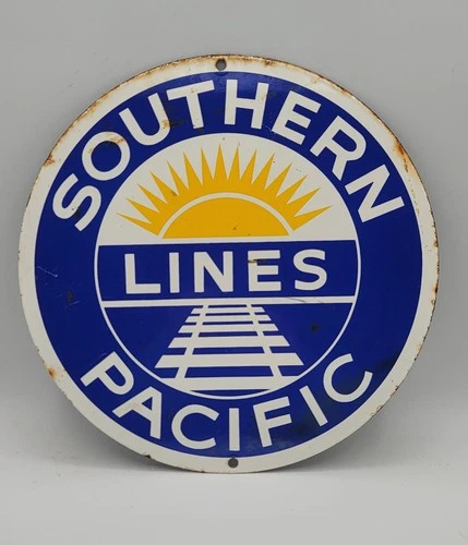 Vintage Southern Lines Pacific Railroad Porcelain Enameled Train Metal Sign