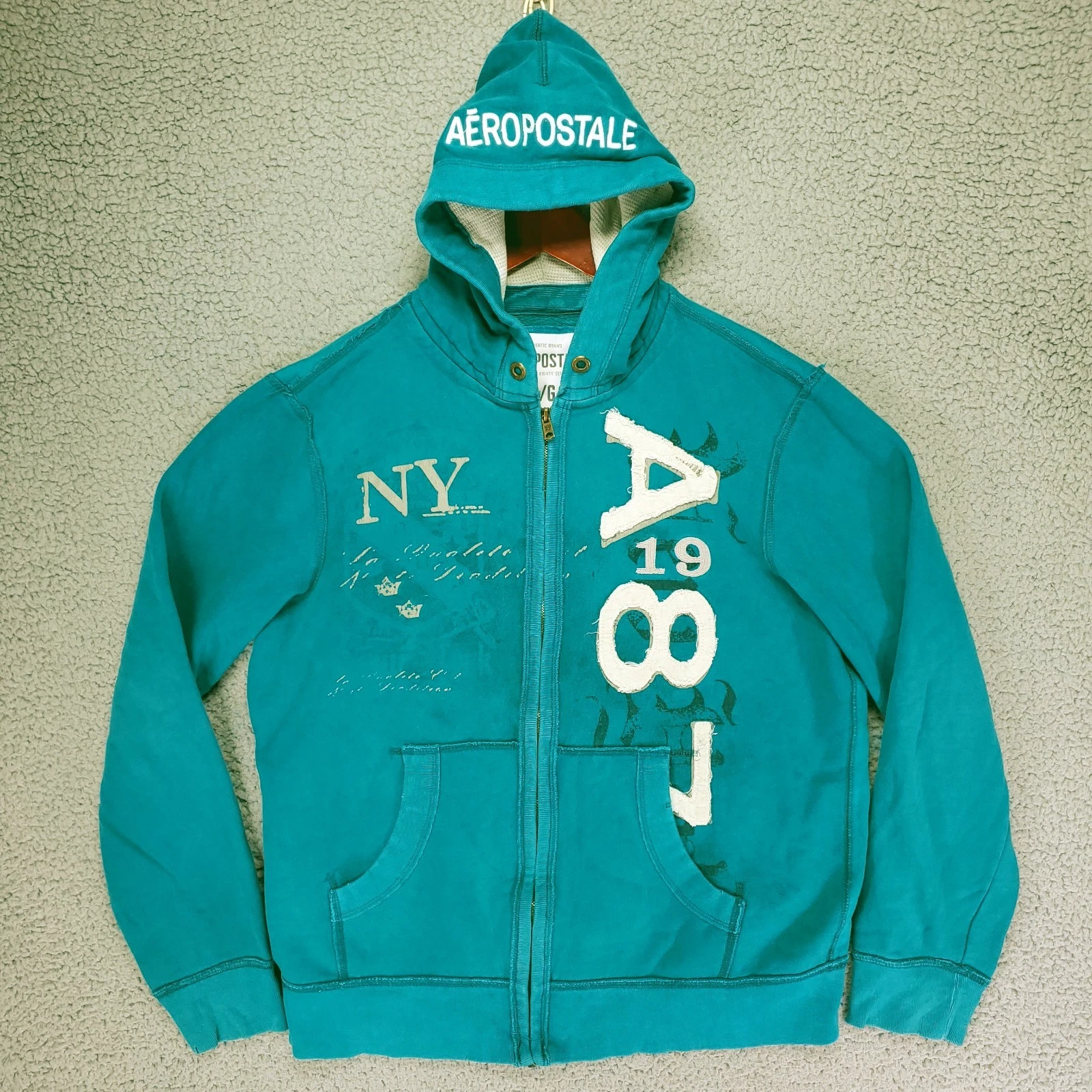 Vtg Aeropostale A87 Zip Hoodie Mens L Teal Green Thermal Hood Distressed Y2K