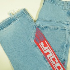 VIntage 90s JNCO Baggy Jeans Mens 31 Blue Multi Track Ripped Hems