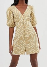ASOS Zebra Mini Dress Tan/Cream Puff Sleeve Button Front Ruffle Sz 6 Linen Blend