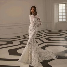 Gorgeous High Collar Long Sleeve Beaded Mermaid Long Wedding Dress Bridal Gown