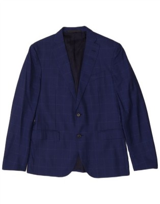 VINTAGE Herren 2 Knopf Blazer Sakko IT 48 mittelblau kariert Schurwolle BM27