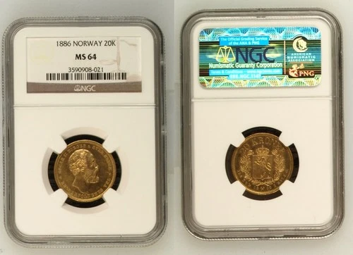 Norway GOLD 20K 1886 Oscar II NGC MS 64