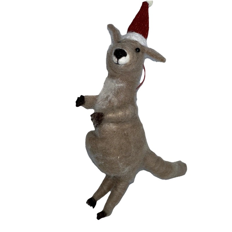 Christmas Ornament Gray Felted Floral Wool Kangaroo W/ Pocket.Santa Hat 8”