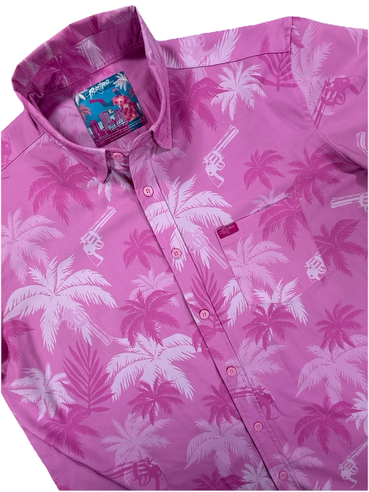 Retro Vice City Shirt Men’s Extra Large Pink Palm Tree Revolver Button Rifle