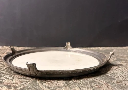 antique Tea Pot Holder Art Nouveau porcelain and metal footed trivet/ Hot Plate image 7
