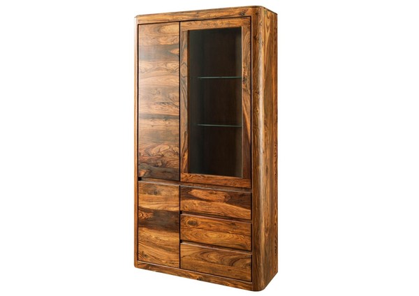 Holz Vitrine Groß Sheesham Massiv Wohnzimmer Schrank Massivholz Modern 109X202-image