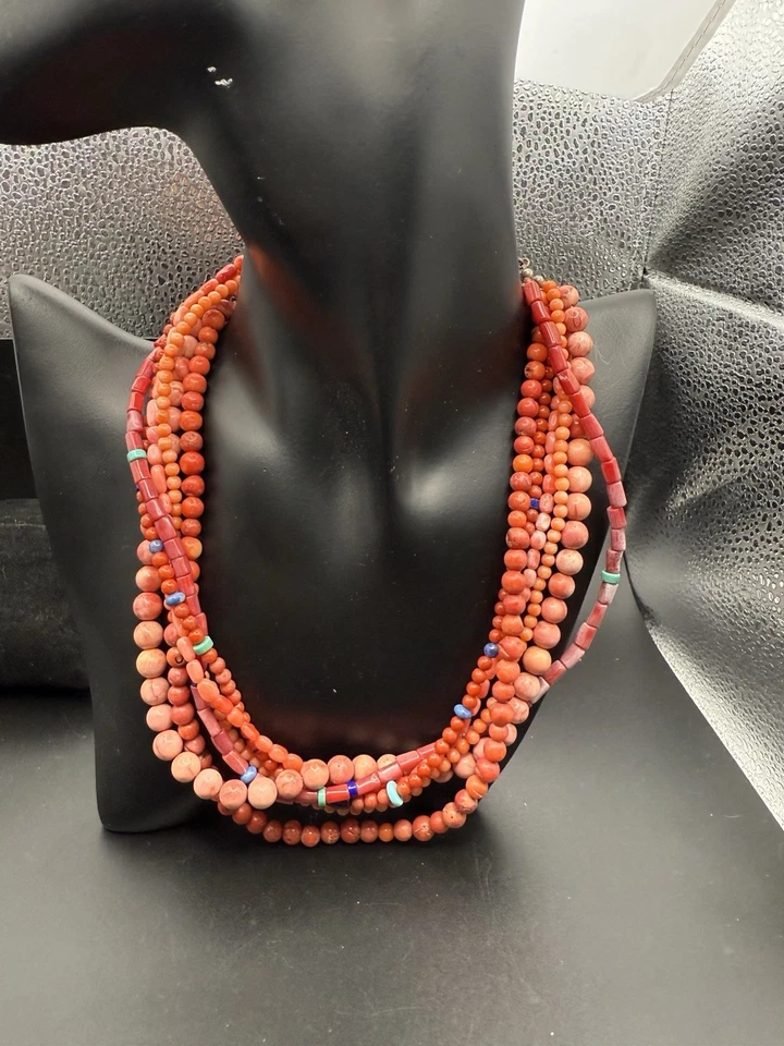 Collar M. Salazar 6 Hilos Multi Piedra Esterlina .925 Coral Turquesa Lapislázuli K2 Foto 3 de 4