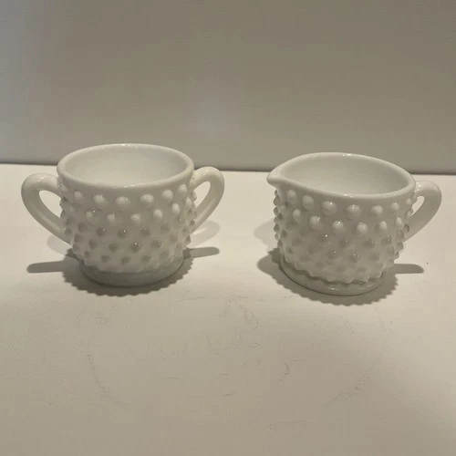 VTG Fenton Hobnail Small 2 1/8" Milk Glass Creamer and Sugar Set Mini