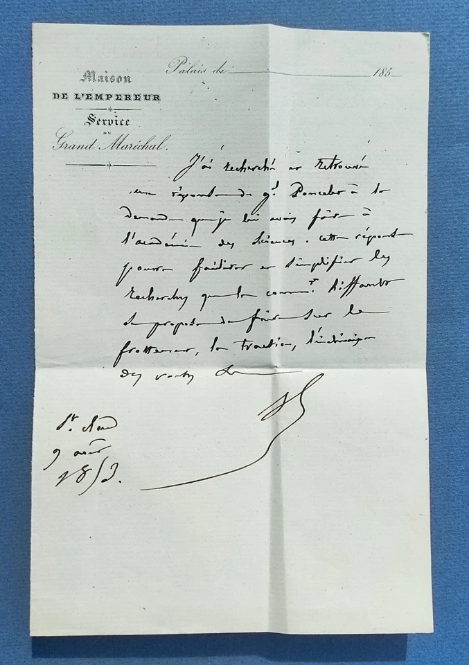 LETTRE AUTOGRAPHE MAISON DE L'EMPEREUR SERVICE DU GRAND MARECHAL Second Empire - Photo 1/3