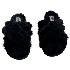 UGG Scuffita Womens Sheepskin Criss-Cross Fluffy Slippers Size 7 Black Cozy