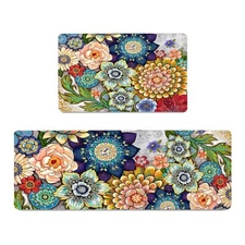 Boho Floral Kitchen Rugs Mats for Floor 2 Piece Memory Foam Padded Kitchen Ma...