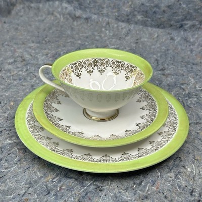 Vintage Bavaria Germany Tea Cup Saucer Plate Set Green Gold Floral