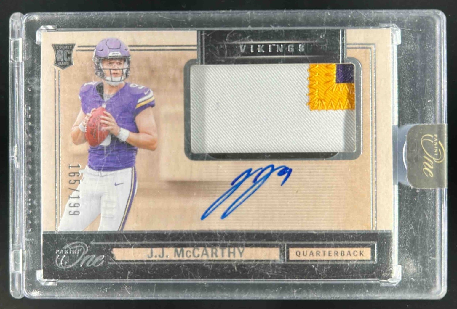 2024 Panini One J.J. McCarthy Rookie Patch Auto Rookie RC #165/199 Vikings