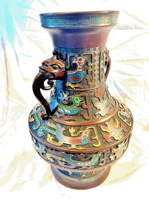 19th Century China Bronze Cloisonne Urn- With Beast Handles - OLD
