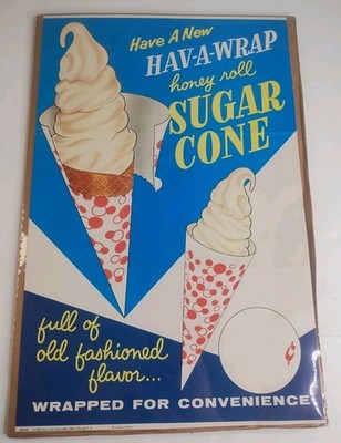 Vintage 1959 Eat-It-All Ice Cream Cone Sign Chicago Hava-Wrap Soda Fountain 