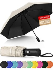 Seniny Windproof Travel Umbrella, Automatic Umbrellas for 38 inches, Beige