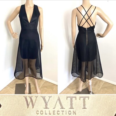 WYATT COLLECTION Black Mesh Overlay Deep Vee Midi