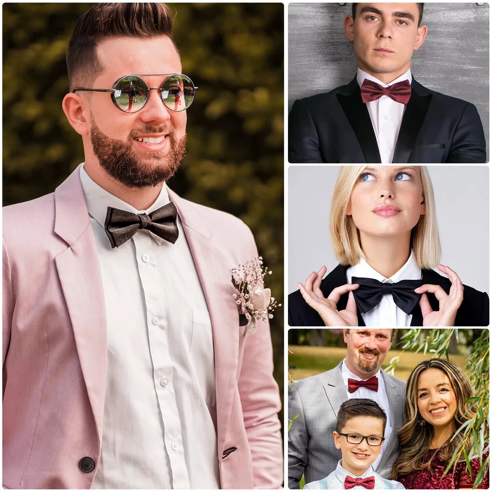 Bow Tie Neck Men Satin Fancy Dress Wedding Plain Adjustable Pre-Tied Dickie Clip - Image 4 of 4