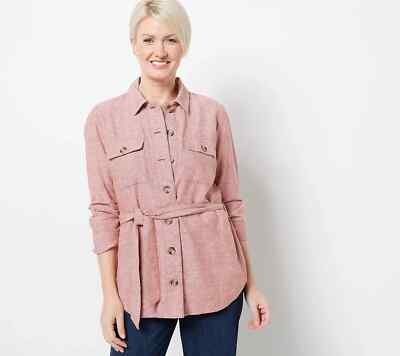 Centigrade Button Front Linen Shacket w/ Shirttail  - Copper Coin (M) a470626 