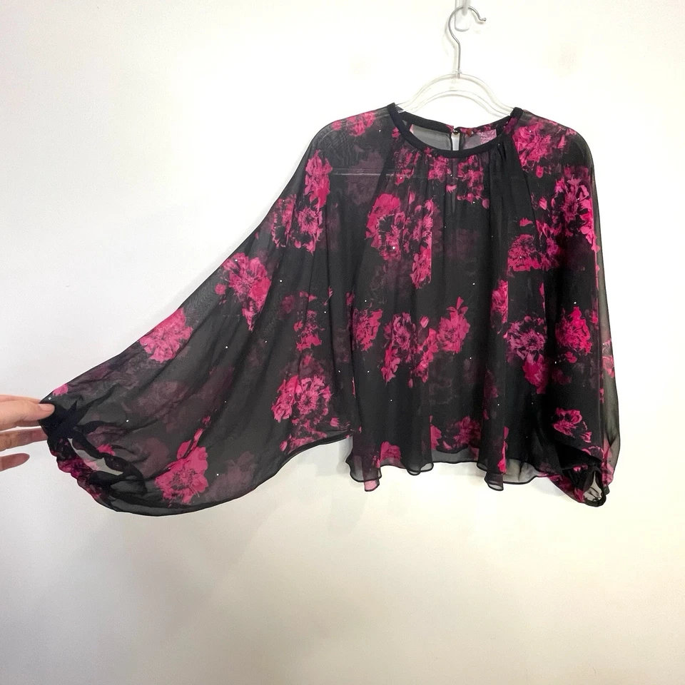 Blusa Max Mara Talla S 8 10 Negra y Rosa Floral Seda Gasa Adornada Foto 3 de 4