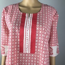 Women's Kurta Kurti Red/white Floral Print Long Tunic Coverup L NWOT