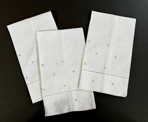 NEW (3) Linen Cotton White Hemstitched Guest Hand Towel Embroidered Pastel Dots