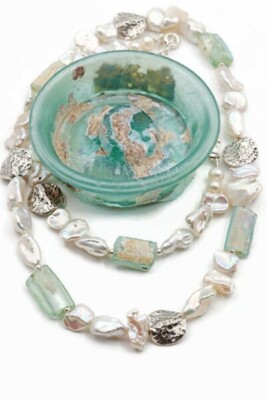 Roman Glass Silver 925 Kashi Pearls Necklace Ancient Roman Glass Beads 200 B.C.
