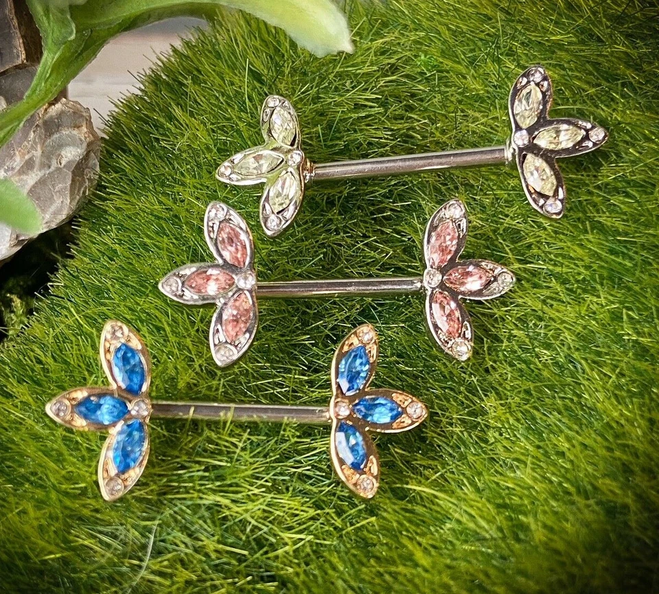 PAR Juego de Cristal Tres Extremos de Flores de Pétalos 14g 1/2" Anillo de Pezón Barbells Escudos Foto 2 de 4