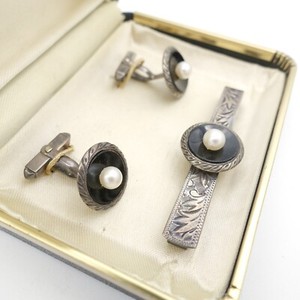 Vintage RAJAH USA STG Silver Cultured Pearl Onyx Cufflinks  & Tie Bar Set Boxed