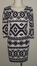 MISS Black White Aztec Print Bodycon Dress Short Criss-Cross Back Size Jr Medium