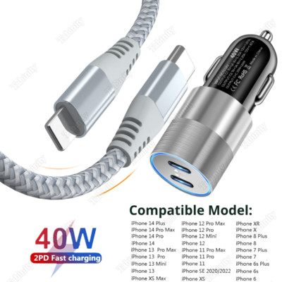 For Apple iPhone 14 13 12 11 Pro Max 40W PD Car Charger Dual USB C Adapter Cable