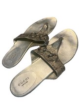Gucci 10 Thong Flip Flop Slide Sandal Gold Leath Horsebit Metallic GG Guccicima