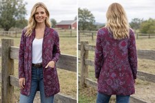 NOVICA 100% Baby Alpaca Cardigan Small Maroon Floral Button Nordic Quiet Luxury 