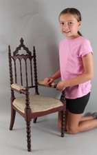 Antique Gothic Revival Childs Teddy Bear Doll Armchair Barley Twist Walnut Chair