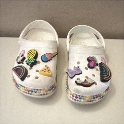 Crocs Classic Clog Unisex Kids White/Multicolor Logo Slip On Clog Shoes