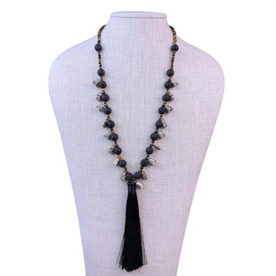 Statement Necklace Womens Black Lava Beads Silver-Tone Cat Charms Long Tassel