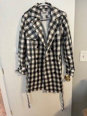 BCBGeneration XS Black White Gingham Coated Cotton Trench Coat Belted