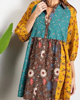 Easel Patchwork Floral Shirt Dress Large Boho Cottagecore Button Front Midi L
