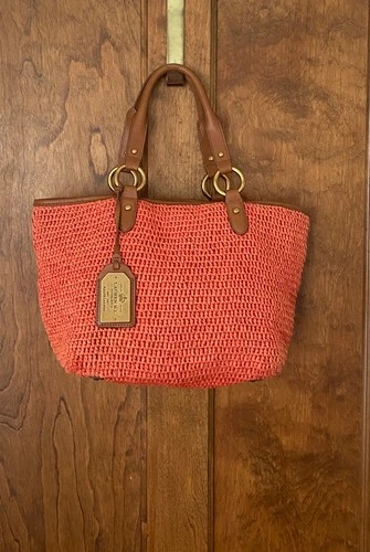 ralph lauren large soft straw handbag tote leather handles