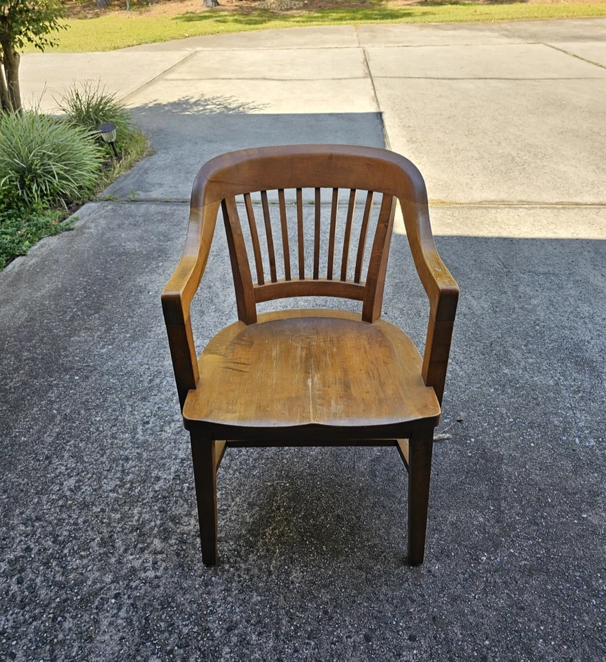 Vtg W.H. Gunlocke Chair Co. Solid Walnut Arm Barrel Courtroom Jury Banker Office - Image 2 of 4