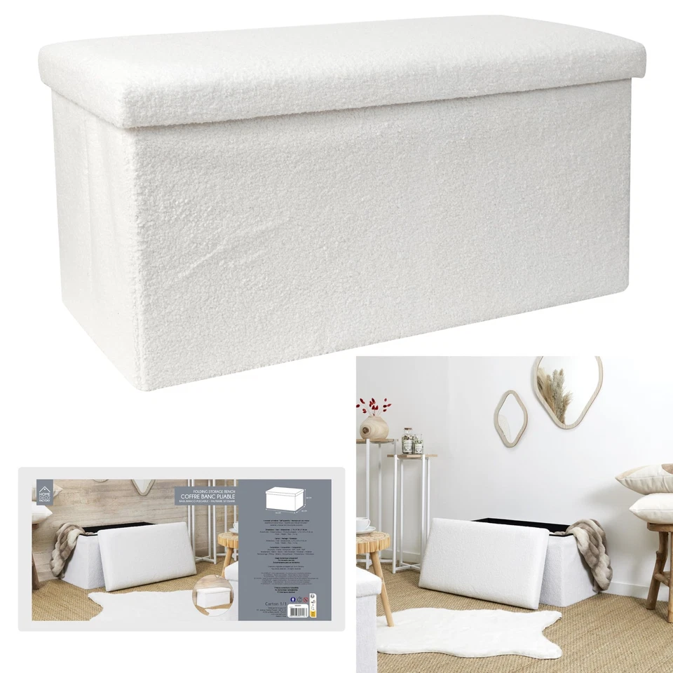 , HD0059, Bouclette Klappbank Truhe Weiß, Natural Crush, Möbel, Sitz, Truhe u... - Bild 2 von 4