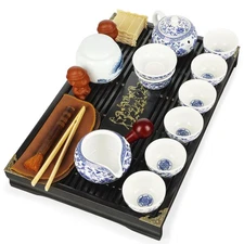 Kung Fu Tea Sets Lotus Pattern Blue and White Porcelain Tea Set with Teapot, ...