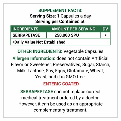Serrapeptase, 250.000 UI, 60 Capsule, Vitacure LTD - Prezzo - Foto 2
