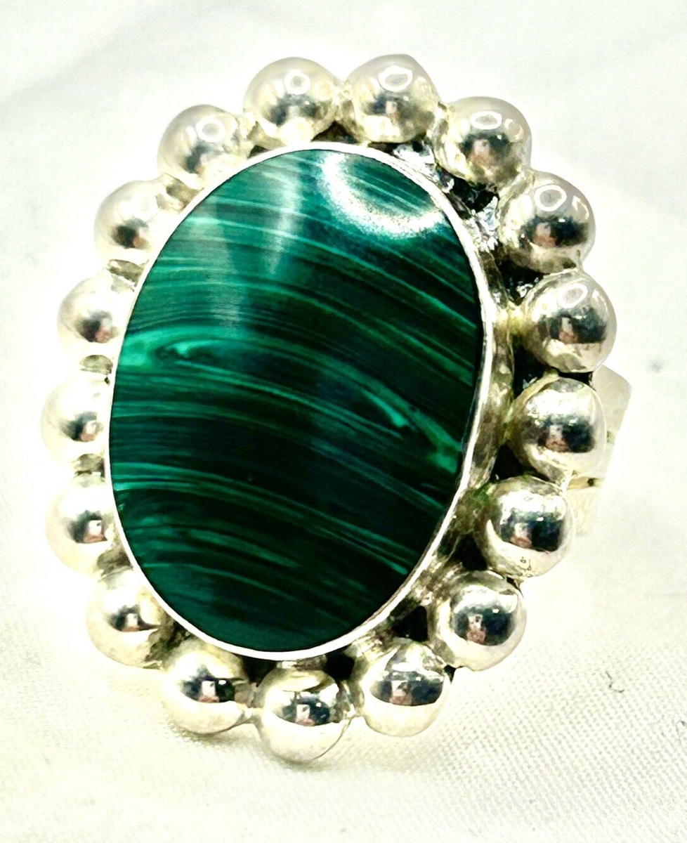Signed Mexico 925 Sterling Silver & Malachite Ring Size 7.5 Signed Mexico 925 Sterling Silver & Malachite Ring Size 7.5