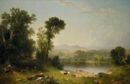 Excellent Oil painting Pastoral Landscape Asher Brown Durand with cows by river
